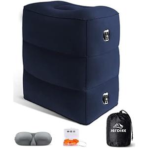 JefDiee Inflatable Travel Foot Rest Pillow, Kids Airplane Bed, Adjustable 3 Layers Height Leg Rest Pillow, Adults Travel Essentials Great for Airplane, Office, Home, Trains, Cars (Blue)