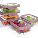 BOROHOUSE 5-Pack Borosilicate Glass Containers with Tempered Lids, 35.2oz/4.4 Cup Airtight Meal Prep Set, Microwave/Freezer Safe (Pink)