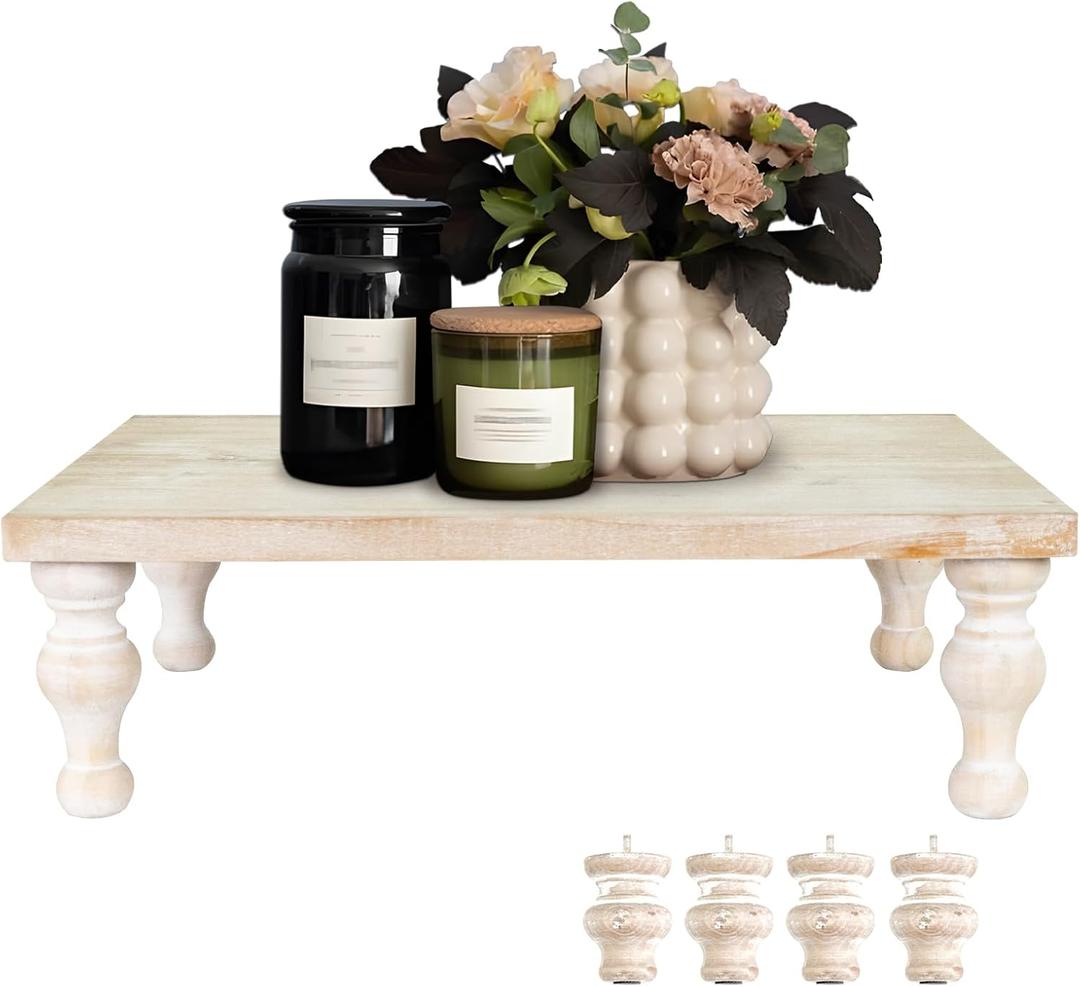 MAONAME Decorative Wooden Display Riser, Farmhouse Wood Pedestal Stand for Display, Rustic Wash White Tray Riser for Kitchen, Home Table Decor, Short and Tall Footed