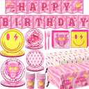 143pcs Preppy Birthday Decorations-Pink Smiley Face Plates Napkins Tablecloths Y2k Tableware for Girls Bachelorette Birthday Party Supplies
