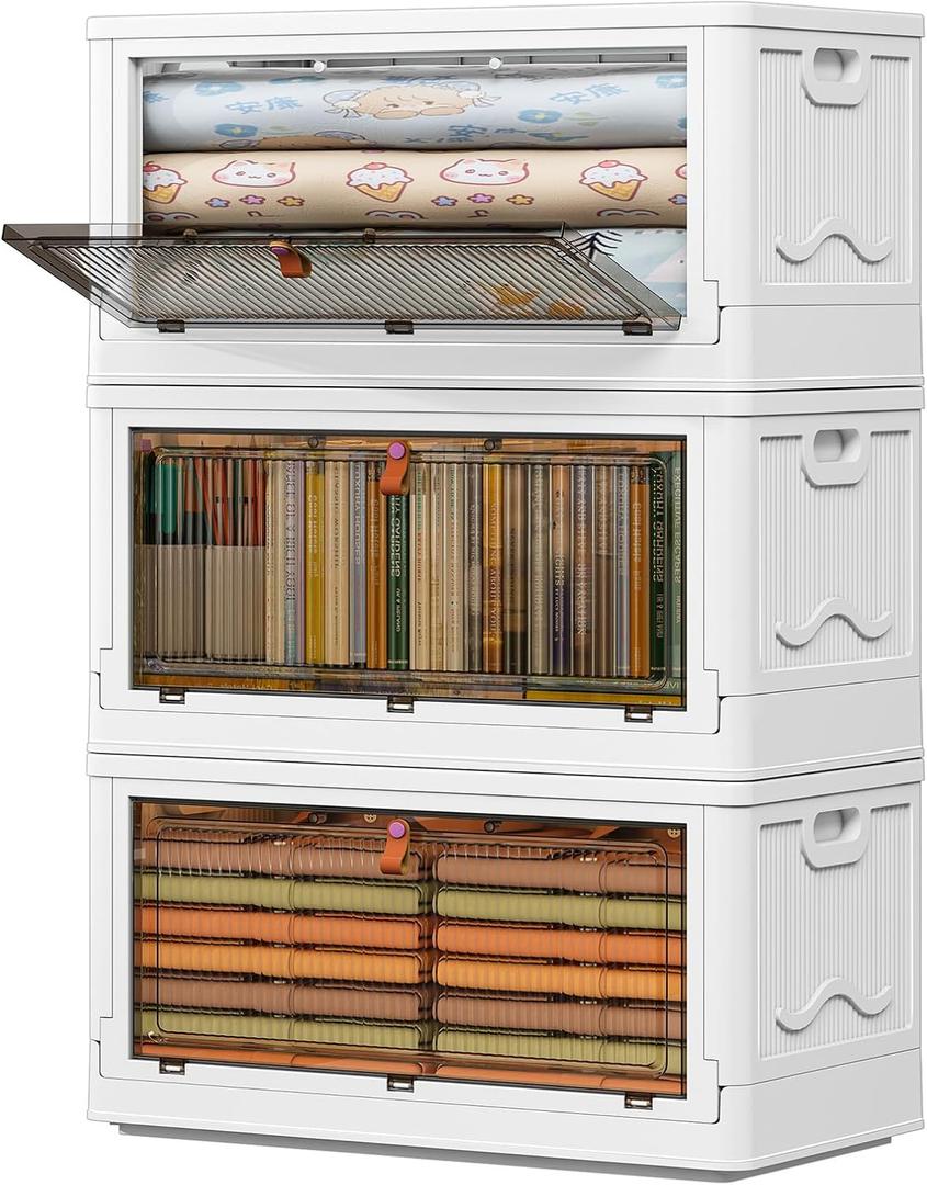 3 Tier Storage Bins with Lids 103QT - Stackable Storage Containers with Wheels, Folding Storage Boxes, Stackable Storage Bins, Closet Organizers and Storage for Living Room, Office