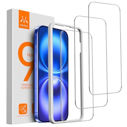 Mkeke 3 Pack Screen Protector for iPhone 16/ iPhone 15 6.1", [9H+ Tempered Glass] [Easy Installation Frame][Military-Grade Drop Protection] HD Clear, Anti-Scratch, Bubble Free Pack of 2