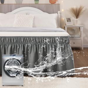 Vocander Wrap Around Dark Grey Full Size Bed Skirt 14 Inch Drop, Elastic Dust Ruffle Easy to Put On, Solid Bedskirt Polyester Fabric Machine Washable Dryable and Ironable