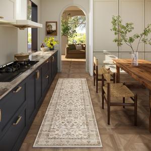 Washable Runners for Hallways Kitchen Rug: 2'6"x8' Kitchen Runner Stain Resistant Non Slip Low Pile Soft Carpet Runners for Hallways Bedroom Entryway Indoor Beside Bathroom Laundry Room (Beige White)