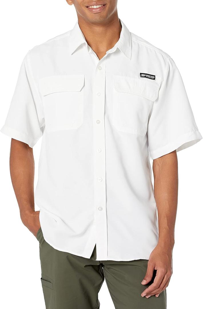 Men's Mossy Oak Short Sleeve Button Down Fishing Shirt (Medium, White)