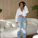 Women's High Waist Baggy Cargo Jeans Sexy Rhinestones Ripped Straight Wide Leg Denim Pants Y2K Streetwear with Pockets (Blue, L)