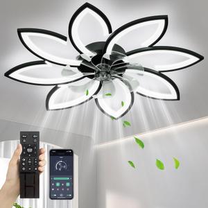 35'' Ceiling Fans With Lights And Remote, Modern Low Profile Ceiling Fans 6 Speed Quiet Reversible Motor, Flush Mount LED Fan Light, Stepless Dimmable for Bedroom/living room/Kids Room (Black)