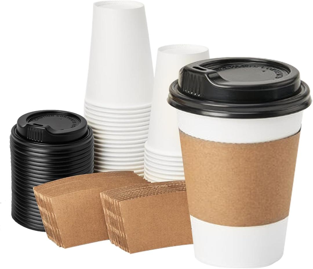RACETOP 12 oz 50 pack Disposable Paper Coffee Cups with Lids and Sleeves (White)