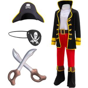 Pirate Costume for Kids Cosplay Pirate Role Play Dress Up Halloween Costume Hat Belt Eyes patch Inflatable Sword, Small (3-4Years)