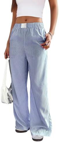 joyliveCY JOYLIIVECY Womens Striped Boxer Pants Wide Leg Pajamas Lounge Pants Elatic High Waist Loose Casual Y2K Fashion M