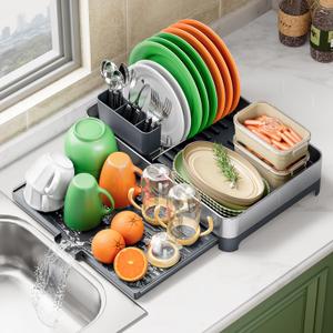 Small Dish Drying Rack Space Saving, 304 Stainless Steel Dishes Rack for Kitchen Counter, Expandable Kitchen Dish Drying Racks, Compact Dish Drainer Rack Foldable, Mini Dish Racks for 1-3 Persons