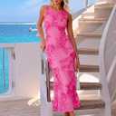 ZESICA Womens 2026 Summer Floral Wedding Guest Midi Dress Sleeveless Mesh Slit Bodycon Formal Cocktail Party Dresses (Pink, S)