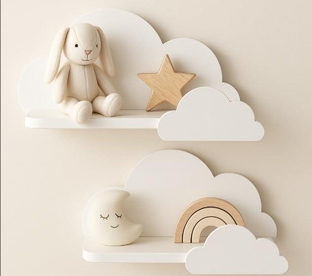 BugyBagy Cloud Wall Shelf Decorative Wooden Floating Shelf for Nursery, Kids Room Multiple Colors & Light Options (White Cloud Shelf Set of 2 No Light)