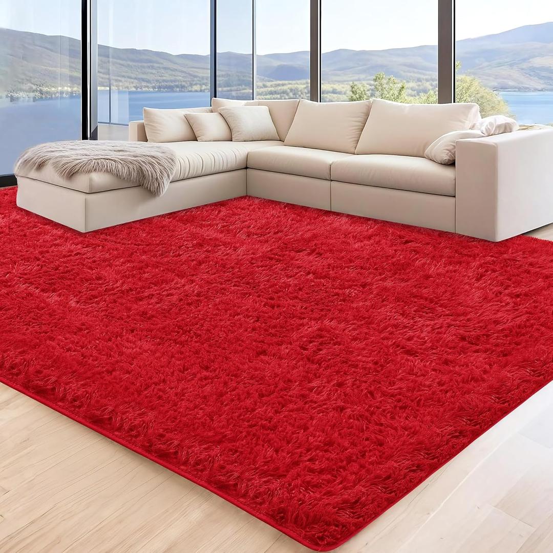 5x7 Red Area Rugs for Living Room, Fluffy Shag Rug for Bedroom Nursery, Ultra Soft Comfy, Fuzzy Shaggy Plush Carpet for Kids Boys Girls Teen Dorm Indoor Home Decor, Upgrade Non-Slip