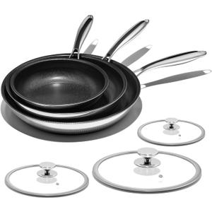 Nonstick Frying Pan Set  8" 10" 12" Titanium Ceramic Skillet with Lid, Stay-Cool Handle,PFAS, PTFE, PFOA-Free, Non-Toxic, Dishwasher & Oven Safe, Compatible with All Cooktops (Glistening Black)