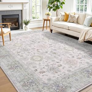 5x7 Area Rugs for Living Room, Bedroom - Machine Washable, Non-Slip Bedside Rug, Large Soft Floor Carpet for Office, Dining Room, Farmhouse and Home Decor, Cozy Elegance/Green