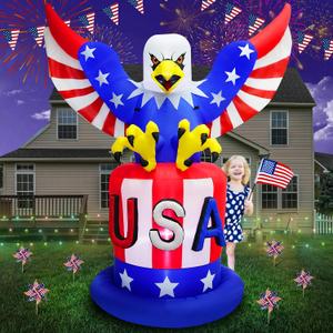 PARAYOYO 7.2FT 4th of July Inflatable Bald Eagle Sitting on USA Hat, Patriotic Inflatable Eagle Blow Up Built-in 4 LEDs for Independence Day Inflatable Outdoor Decoration Fourth of July Parade Decor