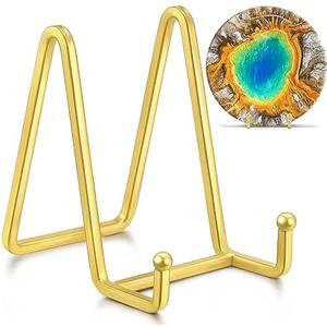IPAME Metal Square Wire Plate Stands for Display - 4.5 Inch Holder + Picture Frame Stand Easel for Book, Decorative Plate, Plaque, Photo, Platter (Gold 4 Pack)