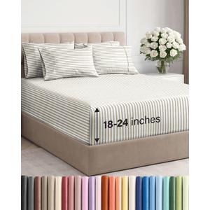 Extra Deep Queen Sheet Set - 6 Piece Breathable and Cooling Sheets - Hotel Luxury Bedding for Women, Men, Kids & Teens - Easy Secure Fit - Soft & Wrinkle Free with Extra Deep Pockets - Beige Stripes