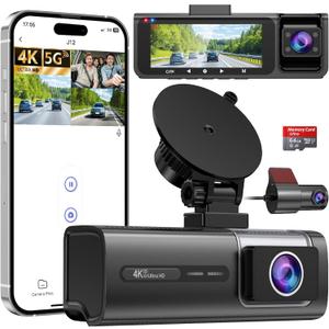 3 Channel 5G WiFi Dash Cam, 4K+1080P+1080P Dash Cam Front and Rear with 64GB Card, Dash Camera for Car with HDR IR Night Vision, G-Sensor, 24/7 Parking Mode, WDR, Support 128GB Max - Silver