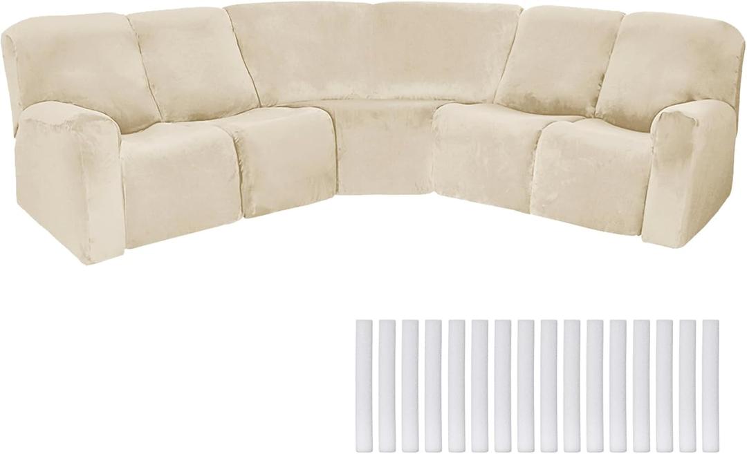 Peryiter 7 Pcs L Shape Sectional Recliner Sofa Covers 5 Seat Sectional Couch Covers Milk Silk Velvet Stretch Reclining Sofa Slipcover Furniture Protector for Living Room (Beige, Velvet)
