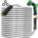 200FT Metal Garden Hose 304 Stainless Steel Flexible Water Hose - No Kink & Tangle Heavy Duty Pipe with Nozzle, Durable 3/4 Metal Fittings and Valve - Rust Proof Puncture Proof for Yard Lawn (Silver)