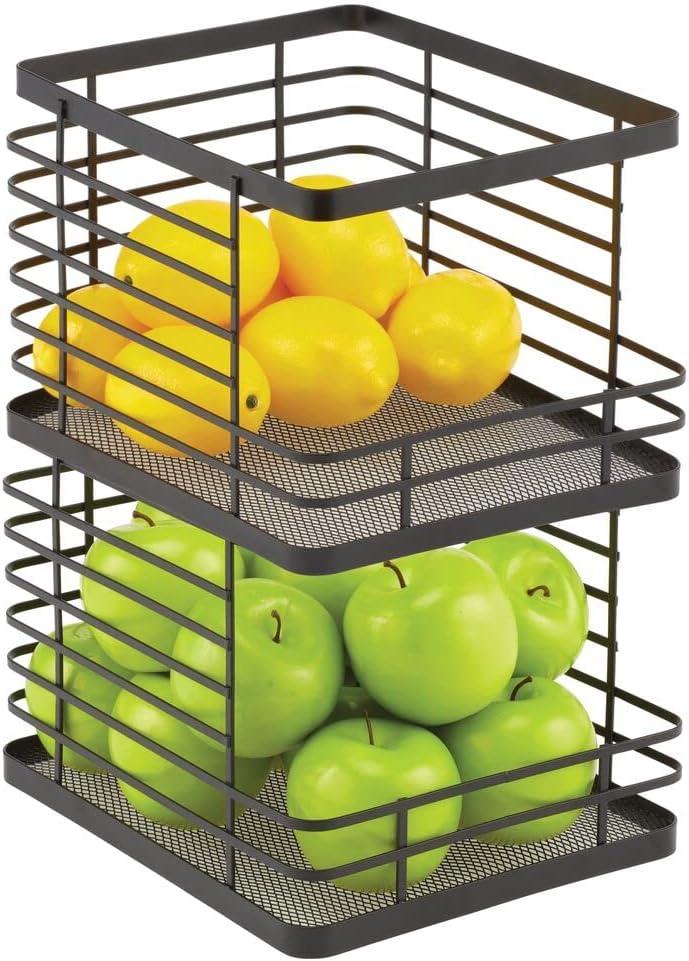 mDesign Stacking Wire Baskets Food Organizer Storage Metal Basket with Open Front for Kitchen Cabinet, Pantry, Cupboard, and Shelves - Organize Fruits, Snacks, and Vegetables - 2 Pack - Matte Black