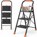3 Step Ladder, 900 lbs Capacity Heavy Duty Step Stool with Safety Lock, Black Sturdy Step Ladder with Wide Anti-Slip Pedal, Folding Step Stool with Orange Cushioned Handle for Kitchen, Home & Garage