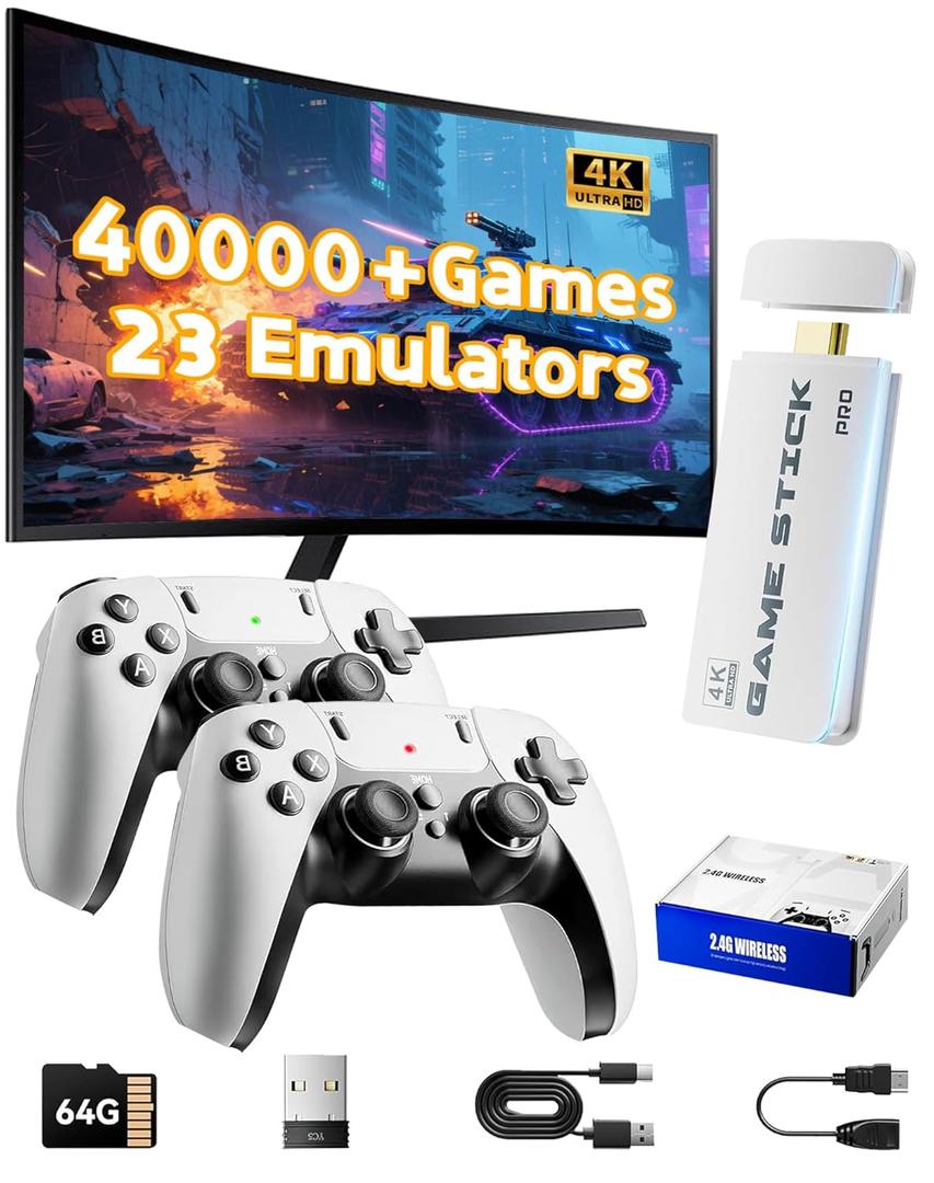2026 Upgraded Retro Gaming Console Stick, Video Games Stick Built-in 23 Emulators Console Projector, 40000+ Game System with 4K HDMI, Plug and Play TV Video Game Stick with Controllers (White)