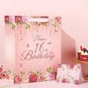 Floral 16th Birthday Gift Bag with 16th Birthday Wrapping Paper and Greeting Card Pink Flower 16 Treat Candy Goodies Paper Bag with Handle for Girls Happy 16 Bday Decorations Party Favor Supplies