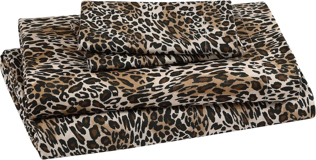 Beatrice Home Fashions Printed Microfiber Sheet Set, Soft Comfortable Easy Care, Includes 1 Fitted Sheet with 12" Deep Pockets, 1 Flat Sheet, Pillowcase, Full, Zara Leopard
