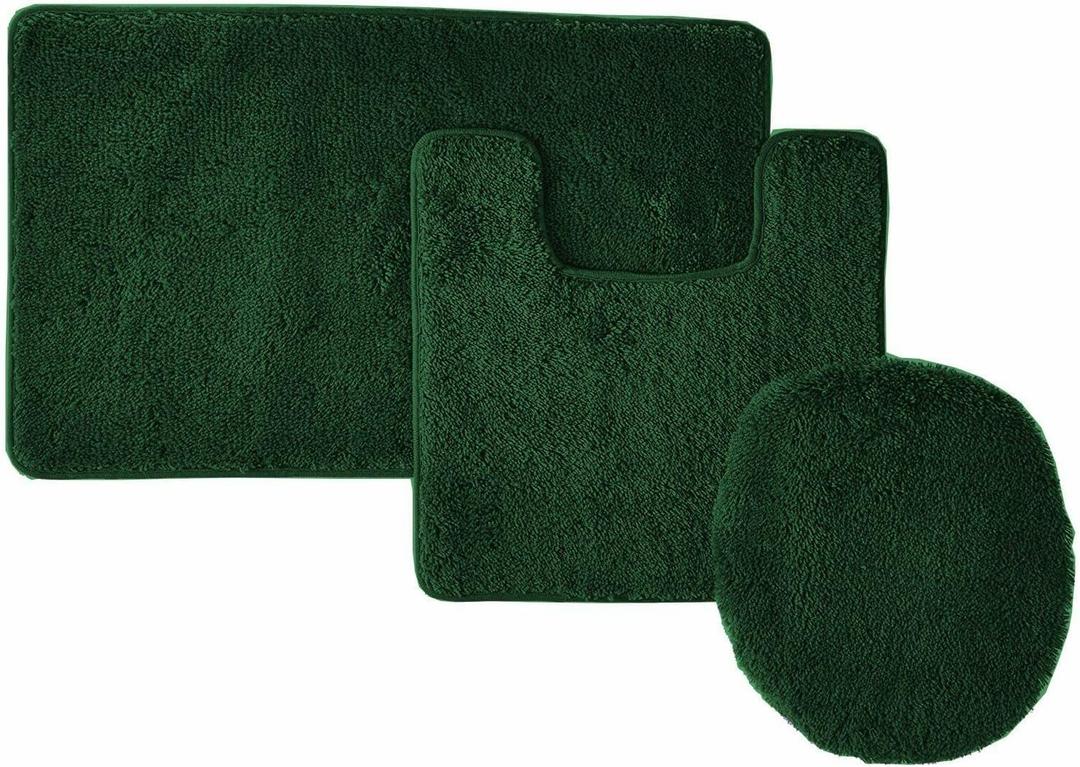 Solid 3pc Bathroom Rug Set Hunter Green - 2 high Pile bathmats, 1 Toilet seat Cover