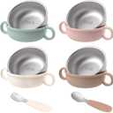 Stainless Steel Baby Bowls, 8.5fl Oz Kids Bowl with Anti-scald Removable Silicone Shell, BPA Free Baby Feeding Bowls with Fork Spoon for Snacks, Ice Cream, Cereal, Soup, Fruit (4 Colors)