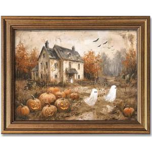Wemandh Vintage Halloween Wall Art, Gold Framed Rustic Ghost and Pumpkin Decor, Spooky Haunted House Picture for Gothic Room, Farmhouse Fall Autumn Canvas Print Artwork (16'' x 20'')