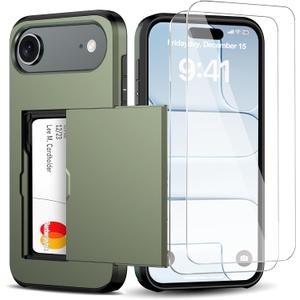 for iPhone Air Wallet Case with Card Holder 2025 + 2 Tempered Glass Screen Protector Protective Shockproof Hidden Card Slot Slim Case Women Men for iPhone Air 6.5 2025(Deep Green)