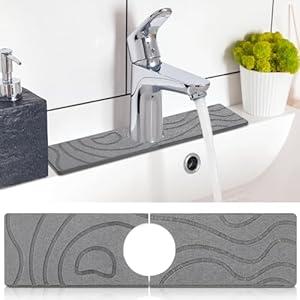 Tioncy Kitchen Sink Splash Guard 15.5 x 3.93 Inches Kitchen Faucet Mat Diatomaceous Earth Kitchen Quick Drying Sink Faucet Handle Drip Mat, Bathroom Grey Sink Faucet Mat for Countertop