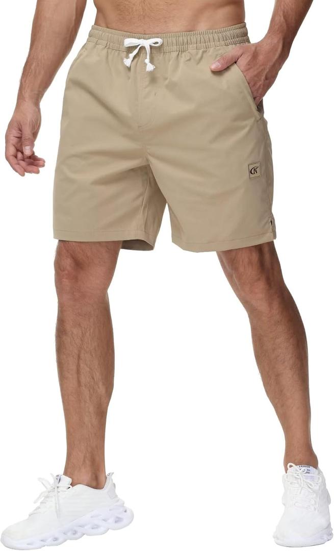 Yundobop Men's Casual 7 Inch Shorts Twill Drawstring Summer Beach Stretch Golf Shorts with Zipper Pockets (28, Khaki)