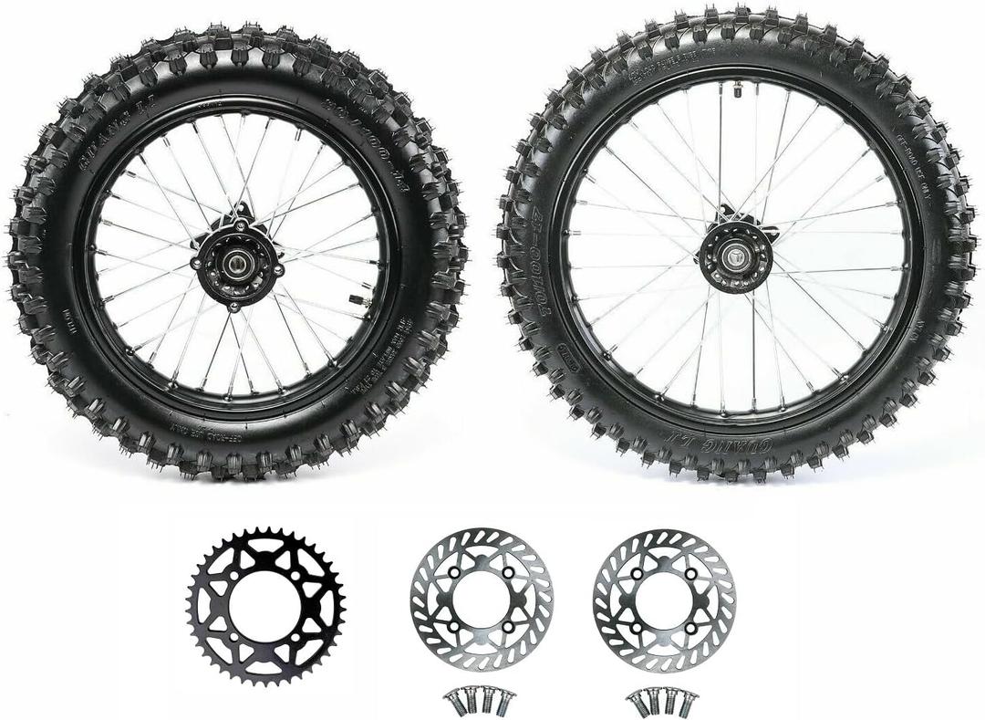 RedCap 70/100-17 + 90/100-14 Wheel Tire Rim and Inner tube with 15mm Bearing Assembly for 110cc 125cc 150cc Dirt Pit Bike Apollo DB27 RFZ XR TaoTao SSR Includes Brake Rotor 428 Sprocket