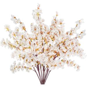 12 Pcs Artificial Cherry Blossom Flowers 40" Faux Silk Cherry Blossom Stems Fake Real Touch Peach Branches for Wedding Home Garden Japanese Decor Ivory White
