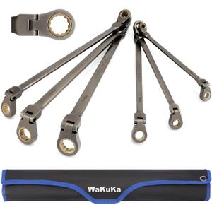 Extra Long Flex-Head Ratcheting Wrench Set, 6 PCS Double Box End Wrench Set Metric 8-19mm, 72-Tooth CR-V Constructed Ratchet Wrenches Set with Roll Up Pouch for Tight Bolts