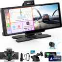 Portable Apple Carplay Screen, 10 Car Stereo Wireless Car Play & Android Auto Touch Screen, 4K Dash Cam, 1080P Backup Camera, Mirror Link/Voice Control/Music Play/GPS Navigation