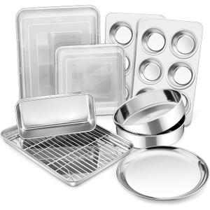 P&P CHEF Stainless Steel Bakeware Set, 12-Piece Kitchen Baking Pans Set, Baking Sheet with Rack, Square Cake Pan with Lid, Lasagna Pan, Loaf Pan, Muffin Pan, Pizza Tray & 2 Covers, Easily Clean