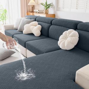hyha Waterproof Couch Cushion Covers, Waterproof Sectional Couch Covers for 3 Cushion Sofa for Pets, Stretch Sofa Slipcover Washable with Elastic Bottom(Large, Dark Grey)