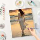 Romantic Paint by Numbers Kit for Adults - DIY Woman Walking by Ocean Sunset Painting on Canvas, Acrylic Paint Set, Suitable for Beginners, Art for Home Decoration or Gifts(16X20IN Framed)