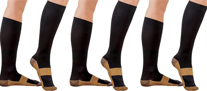 3 Pair Sirosky Compression Copper Socks Graduated 20-30 mmHg Support Sock Feet Foot Ankle Pain Relieving Ache Relief for Men Woman Over the Calf Below Knee High (Black/Gold-3PR, Sm/Med)
