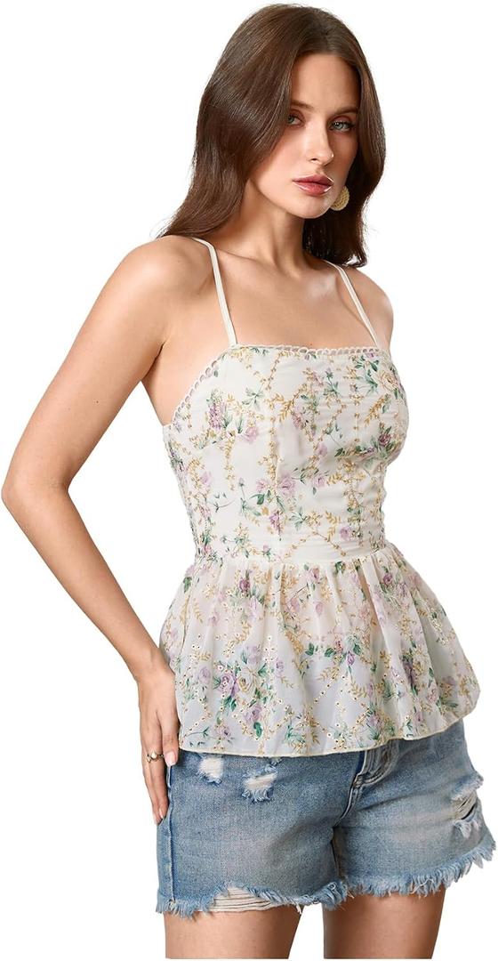 RoseSeek Women's Boho Floral Smocked Camisole Tops Ruffle Hem Spaghetti Strap Babydoll Peplum Top (White, M)