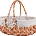 Large Wicker Picnic Basket with Handles, Handle Sturdy Woven Body with Removable and Washable Lining, Outdoor Camping, Gift Packing, Garden Picking, Storage White Flower