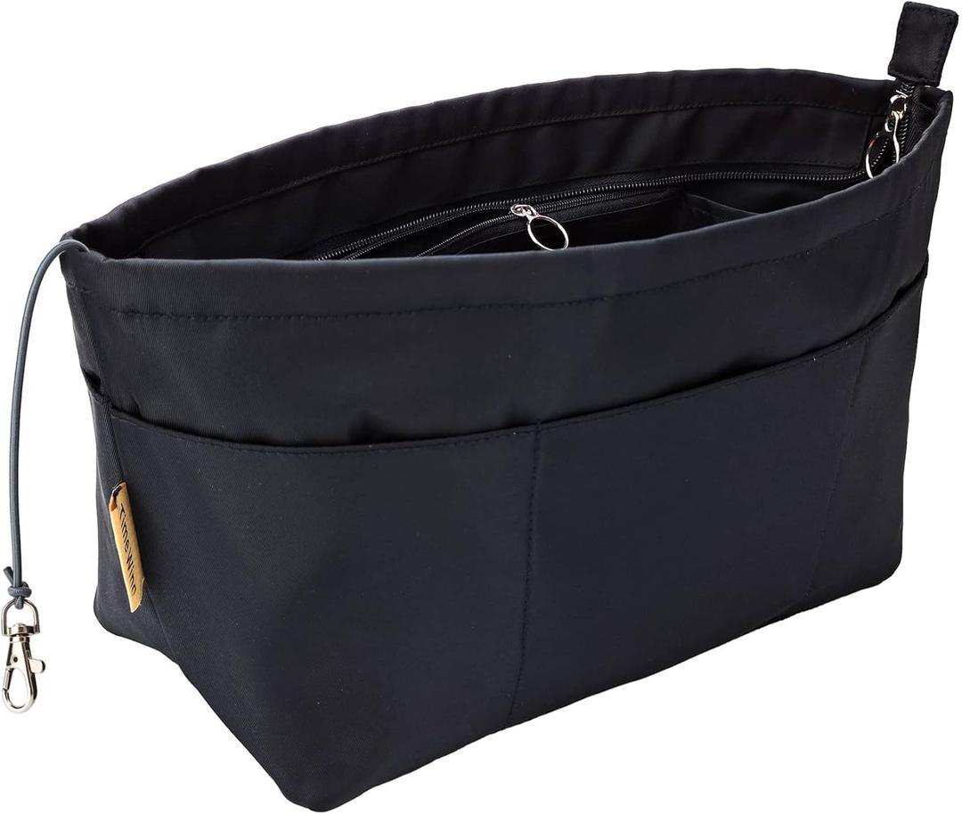 Time Wing Purse Organizer Insert Tote Handbag Organizer Divider Bag in Bag Shaper Liner Multi Pockets Compartments Zippers Key Chain Medium Black
