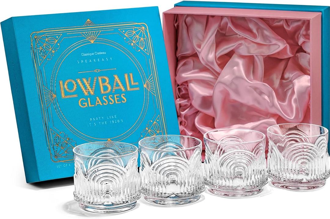 GLASSIQUE CADEAU Vintage Art Deco 1920s Lowball Cocktail Glasses | Set of 4 | 9 oz Crystal Old Fashioned Glassware for Drinking Classic Bar Drinks | Heavy Base Short Rocks Tumblers for Women