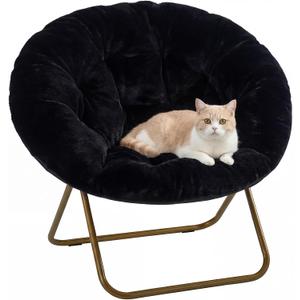 DUMOS Comfy Saucer Chairs Cozy Faux Fur Soft Lounge Cute Folding Bedroom Living Room Seat Flexible Reading Foldable Seating for Kids Adults Thick Padded Metal Frame Modern for Home Office, Black, Round-36 Inches